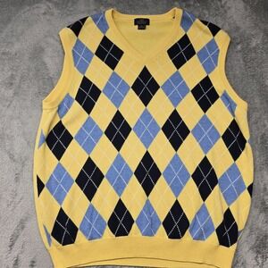 Brooks Brothers 346 Pullover Sweater Vest Mens XL Yellow Blue Argyle Knit V-Neck